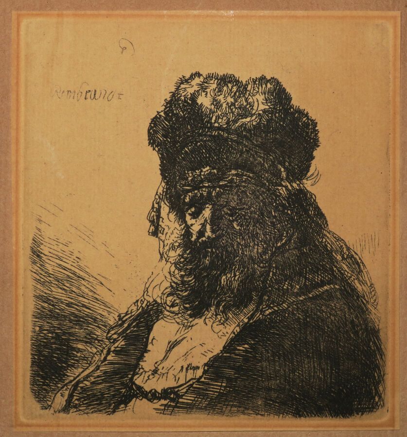 Null REMBRANDT H. Van Rijn (1606 1669) - "戴毛皮帽的老胡子" 约1635。原始蚀刻画。签名为 "伦勃朗"，并在构图中倒&hellip;