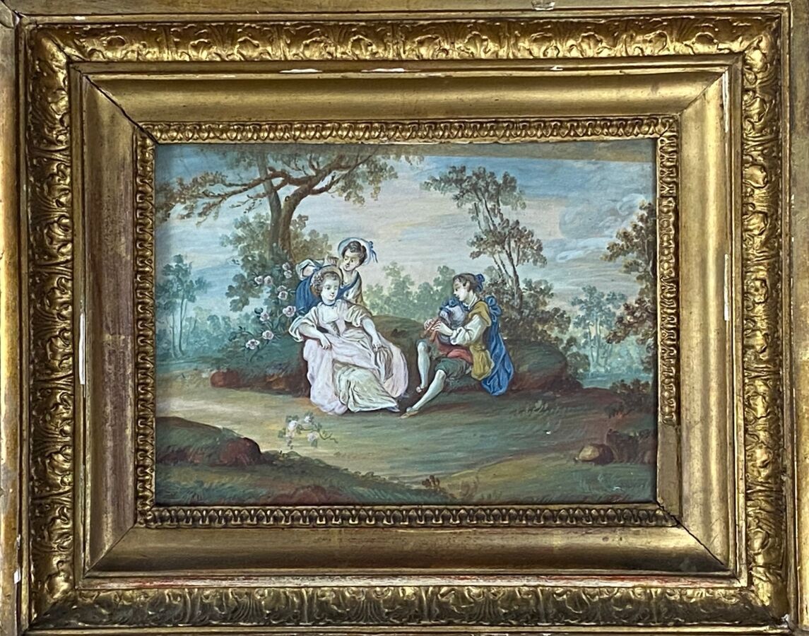 Null HUET Jean - Baptiste（学校）（1745 - 1811）："野玫瑰树附近的乡村音乐会"。水粉画。贴在纸板上（上部有胶条）。H. 14&hellip;