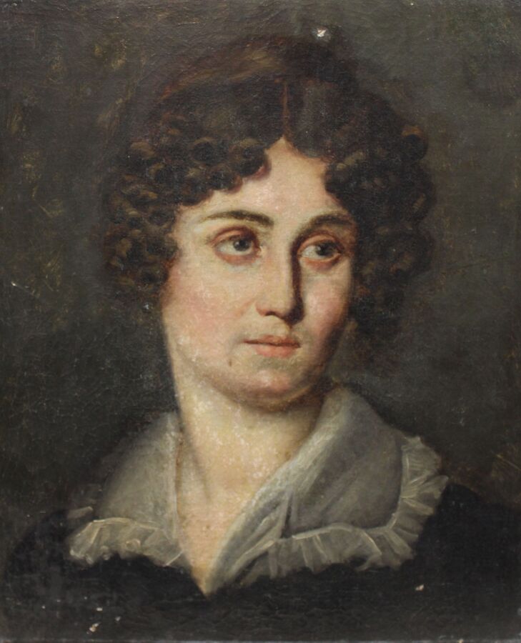 Null 法国浪漫主义画派19世纪上半叶："一位身穿带薄纱衣领的棕色卷发女子的画像。布面油画（修饰、修复和小事故）。46 x 38 cm