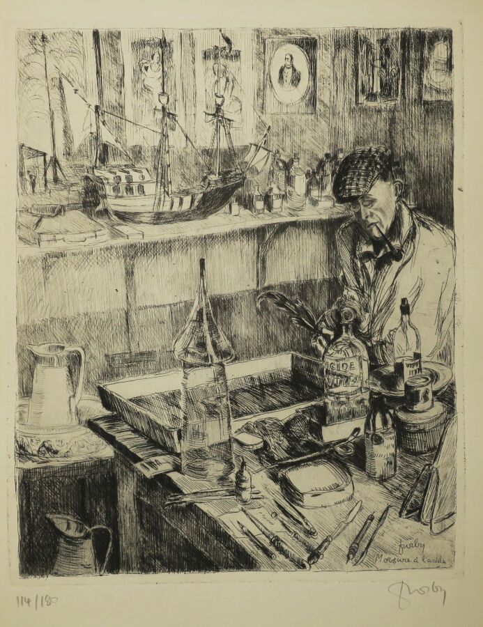Null FURBY Charles-Jean (1891-1975) - [雕刻家在他的工作室里] - "酸性咬合"。1942.原始干点。在版画上有签名和标题&hellip;