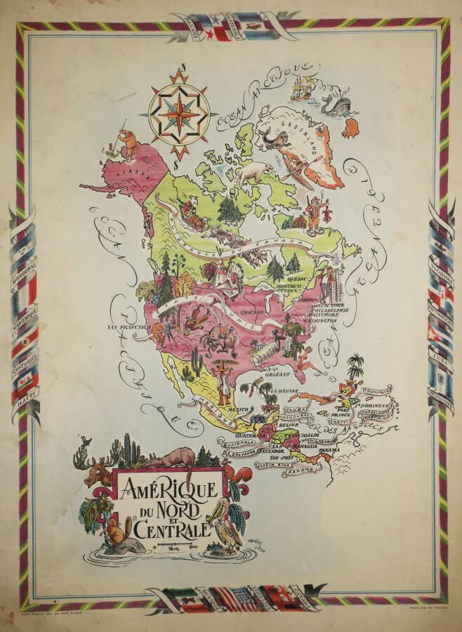 Null 北美洲和中美洲的插图，出自Jacques LIOZU（1910-1974）之手。1951.由巴黎的Odé公司在厚织纸上进行彩色印刷。Margins.主&hellip;