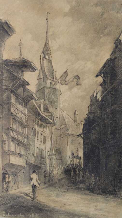 Null LECOURBE E.，19世纪，《城市中的游行》，1885年，纸上钢笔和棕色墨水、水粉和划痕（隔离），左下方有签名和日期，23.5x14厘米