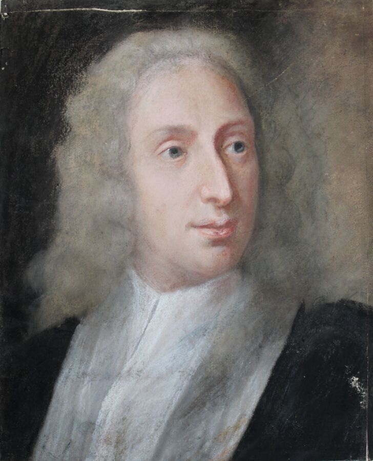 Null 18世纪上半叶品味的法国画派："蓝眼睛的地方官肖像，戴着长粉的假发"。粉彩（事故在横条的上部，在竖条的右侧）。46 x 7 cm