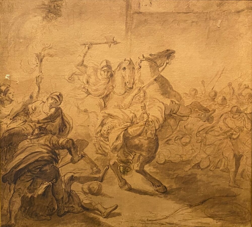 Null 法国学校 18世纪末："骑兵在城墙下的战斗，一个用武器斧头击打，另一个用城市的钥匙屈服"。毛笔、棕色墨水和棕色水洗。粘在床单上（左侧和右上方有事故；未&hellip;