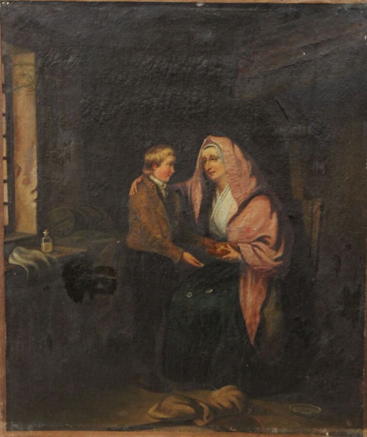 Null 19世纪的法国画派："孩子和他的祖母或汇成的面包"。布面油画（衬里；背景中的修复物，特别是靠近左下方的部分）。54 x 45,4 cm