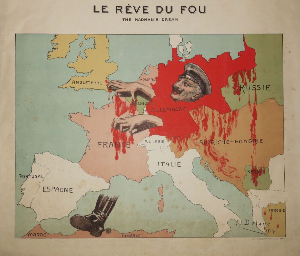 Null 第一次世界大战开始时的欧洲SERIO-COMIQUE地图，由A. DELAYE绘制 - "LE REVE DU FOU / The MADMAN'S &hellip;