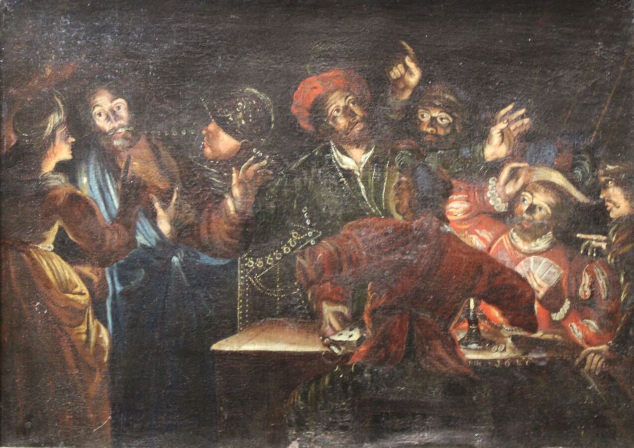 Null SEGHERS Gérard (Suite de) (1591-1651): "圣彼得的否定"。布面油画。装框和修复。在游戏桌边缘的右下方有一个字母和&hellip;