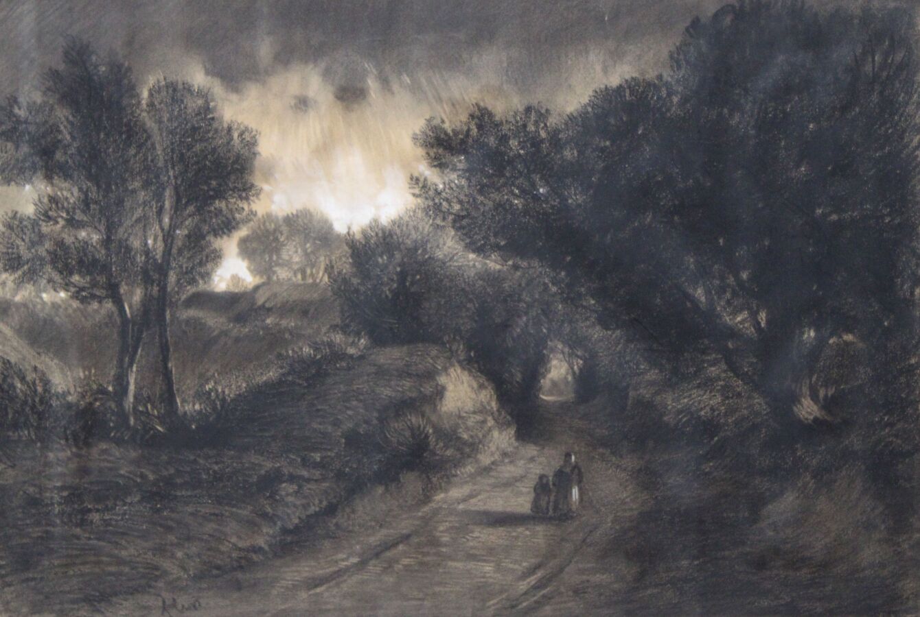 Null 法国艺术家 19世纪，女人和孩子在小路上，纸上的木炭和阴影（日晒和摩擦的痕迹），左下方：Flers，36.5x53.5厘米。