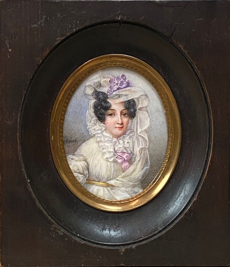 Null ISABEY Jean - Baptiste (Dans le Goût de) (1767 - 1855) : "一个年轻女人的肖像，用鲜花和白色衣&hellip;