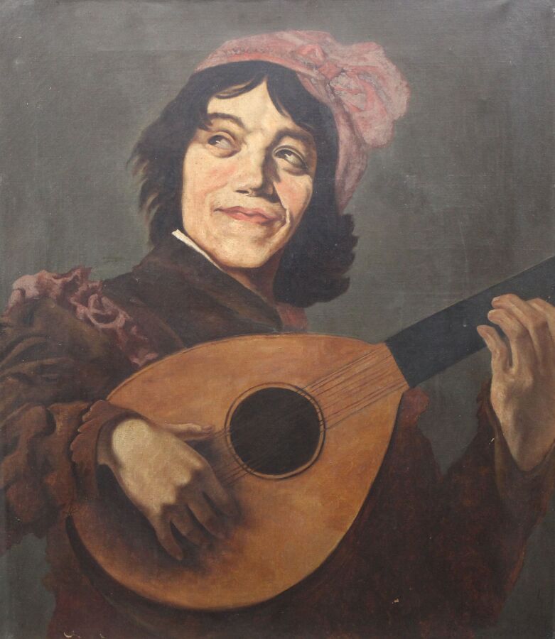 Null 哈尔斯-弗兰斯（后）1580-1666年。带着琵琶的小丑。布面油画。H. 75 - W. 65 cm。在构图之后（帆布；70 x 62厘米），来自卢浮&hellip;