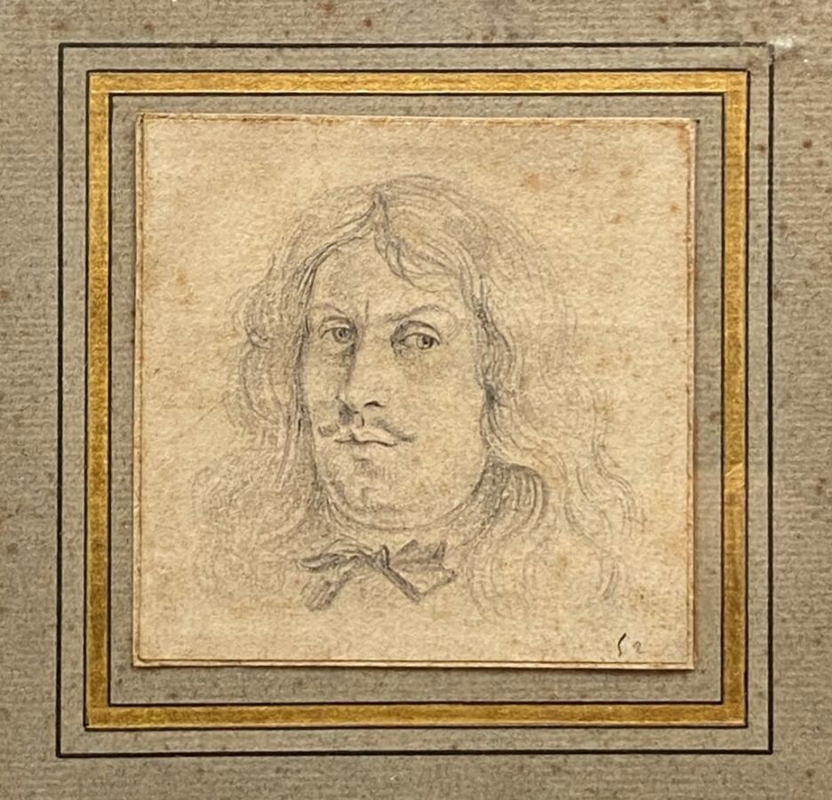 Null 法国或西班牙画派 17世纪下半叶："一个人的肖像"。黑石。粘在一张纸上，右边有一个胶条（Pitting）。高8,2 - 宽8,4厘米。