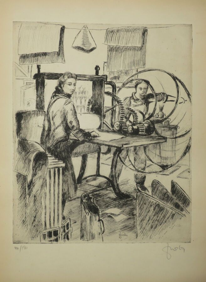 Null FURBY Charles-Jean (1891-1975) - [工作室里的两个女人]。1942.原始干点。在盘中签名。奶油色编织纸上的漂亮样张，编&hellip;