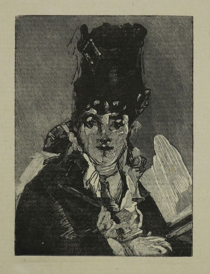 Null 马内-爱德华（后）（1832-1883）--"卡利亚斯夫人尼娜-德-维拉尔的肖像"，约1874。木刻。铺装纸上的证明。所有边际。为Cros发表在《新世&hellip;
