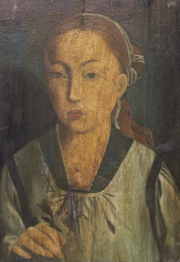 Null 古代荷兰学校（15世纪的味道）："带花的少女"。板上油彩。衬里（垂直裂缝的痕迹；旧清漆被弄脏）。高35.5 - 宽24.5厘米。