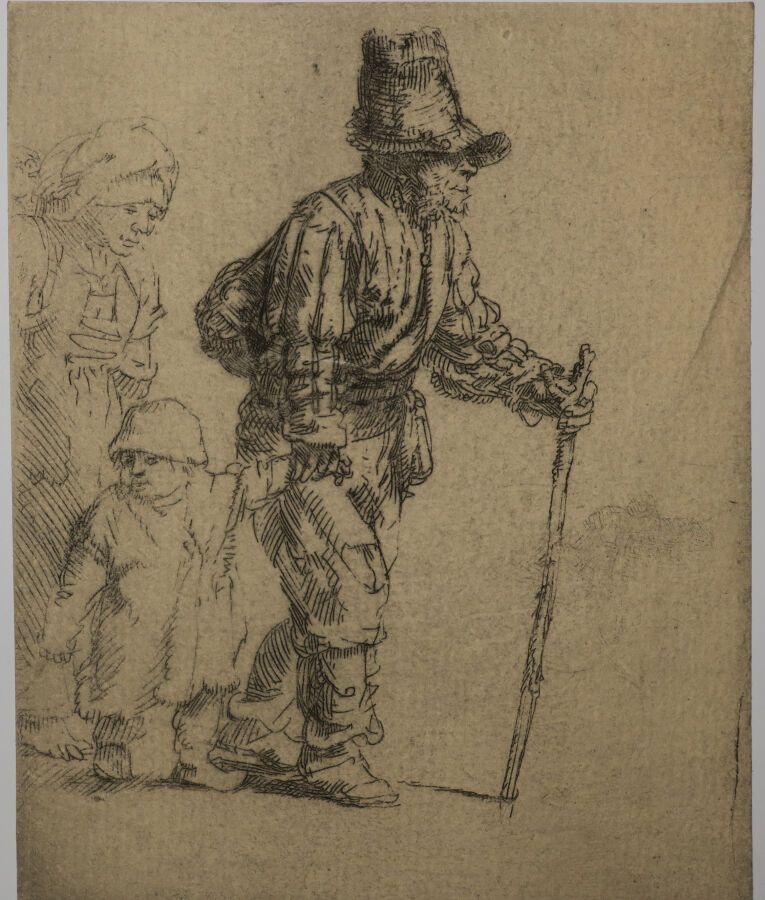 Null REMBRANDT H. Van Rijn (1606 1669) - "带着妻子和孩子的农民" (农民家庭在流浪). 约1652.原始蚀刻画。参考资&hellip;