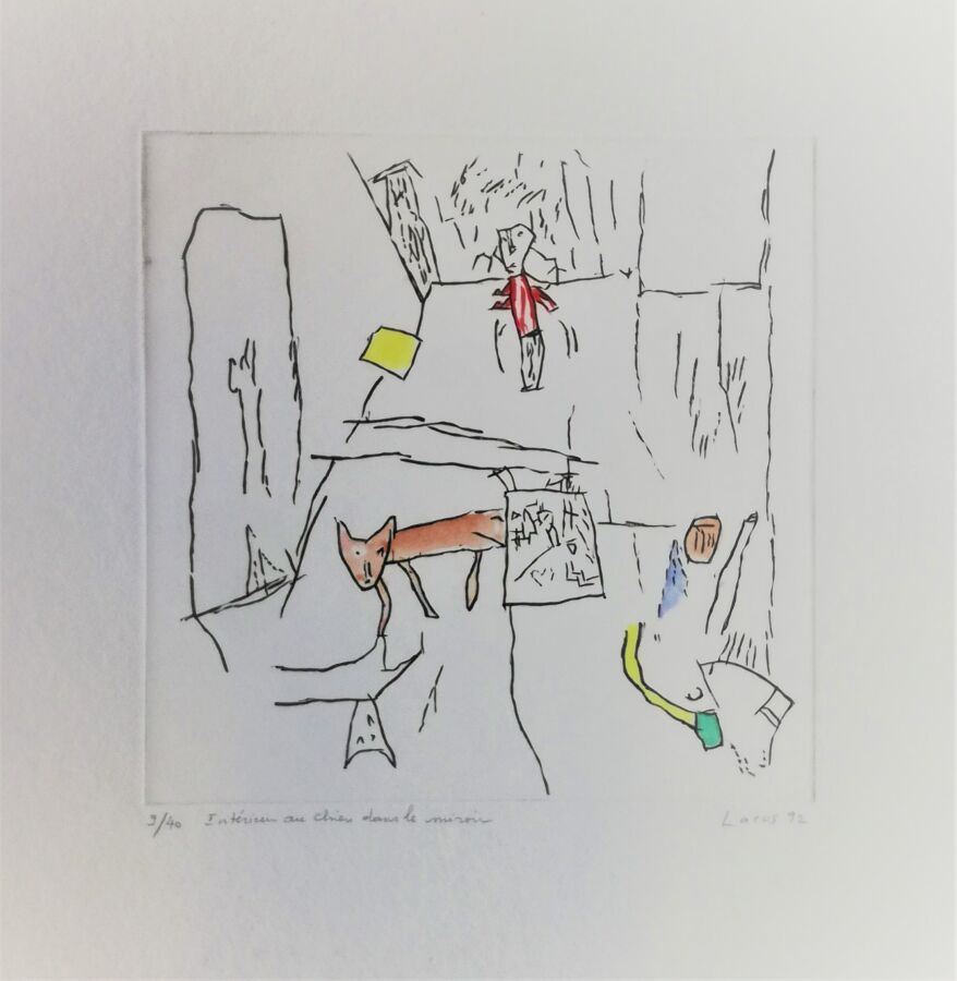 Null LARUS Hélène Interior with the dog in the mirror 1992 Watercolor etching, s&hellip;
