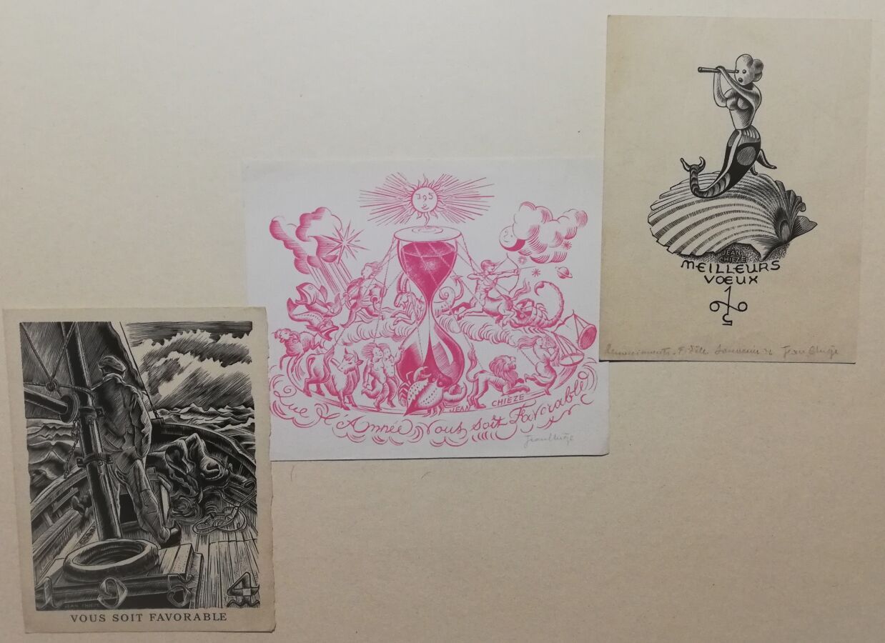 Null CHIEZE Jean 3件版画作品 纸上版画，包括两张用铅笔签名的贺卡，一张13x16厘米，两张15x11厘米。