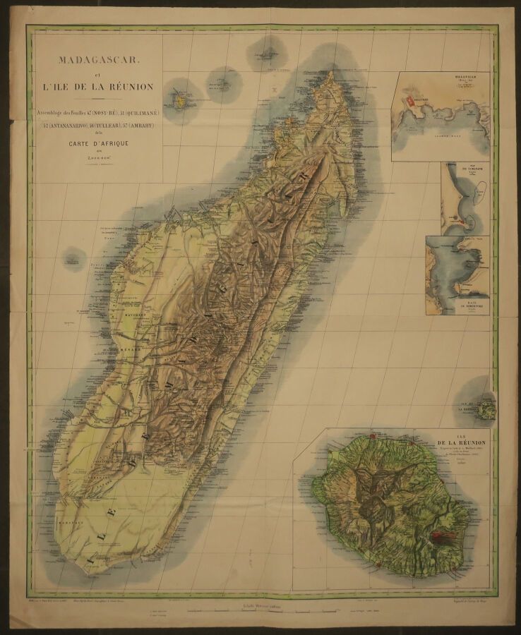 Null 马达加斯加和团圆岛 "的地图。1885.由工程师的B.主任绘制。大型平版印刷品。古老的颜色。牛皮纸。由Lemercier et Cie在巴黎印刷。18&hellip;