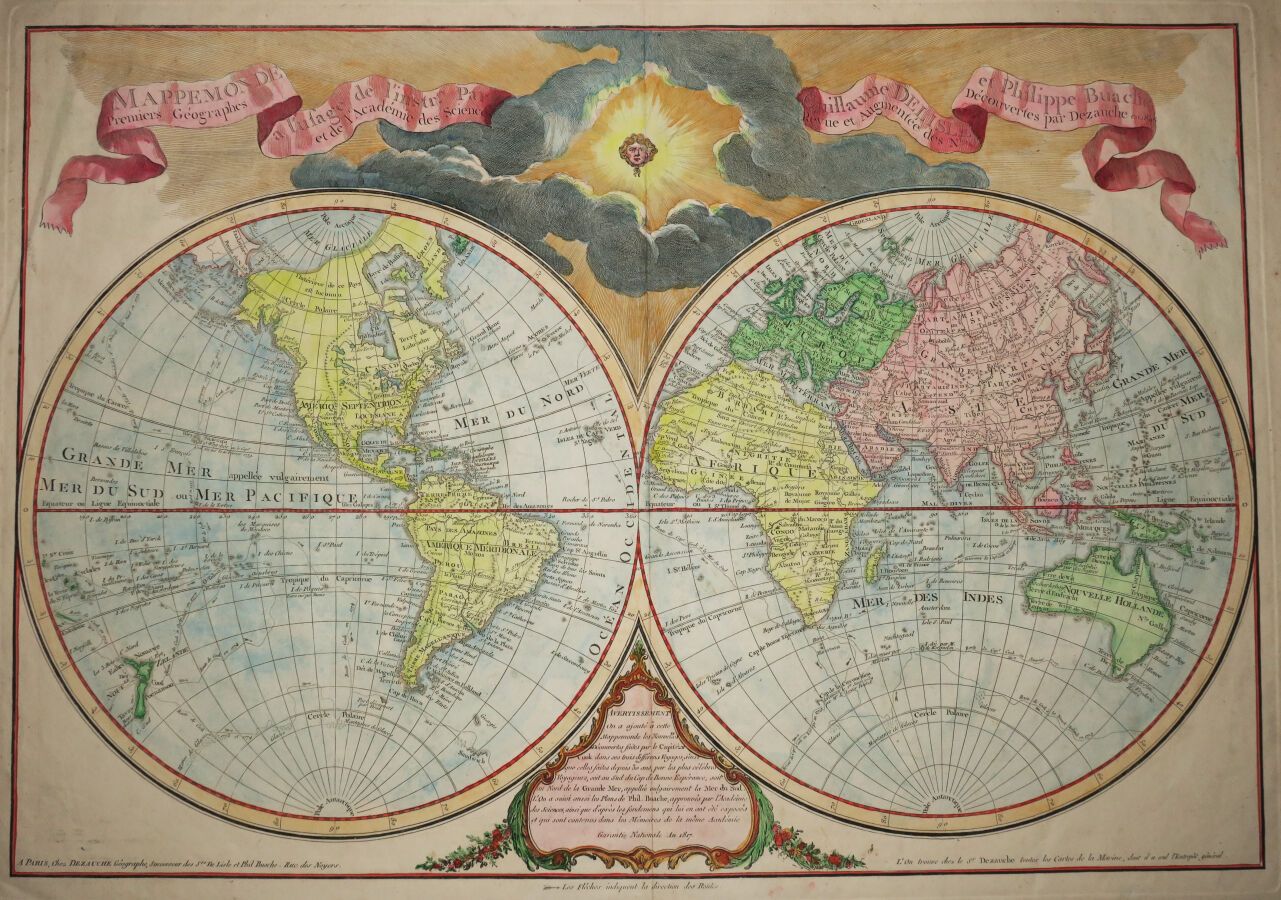 Null 纪尧姆-德利索和菲利普-布阿克，第一地理学家和科学院院士的教学用地图。1808年Dezauche根据新的发现进行了修订和纠正。大幅雕刻的地图，铺在纸上&hellip;
