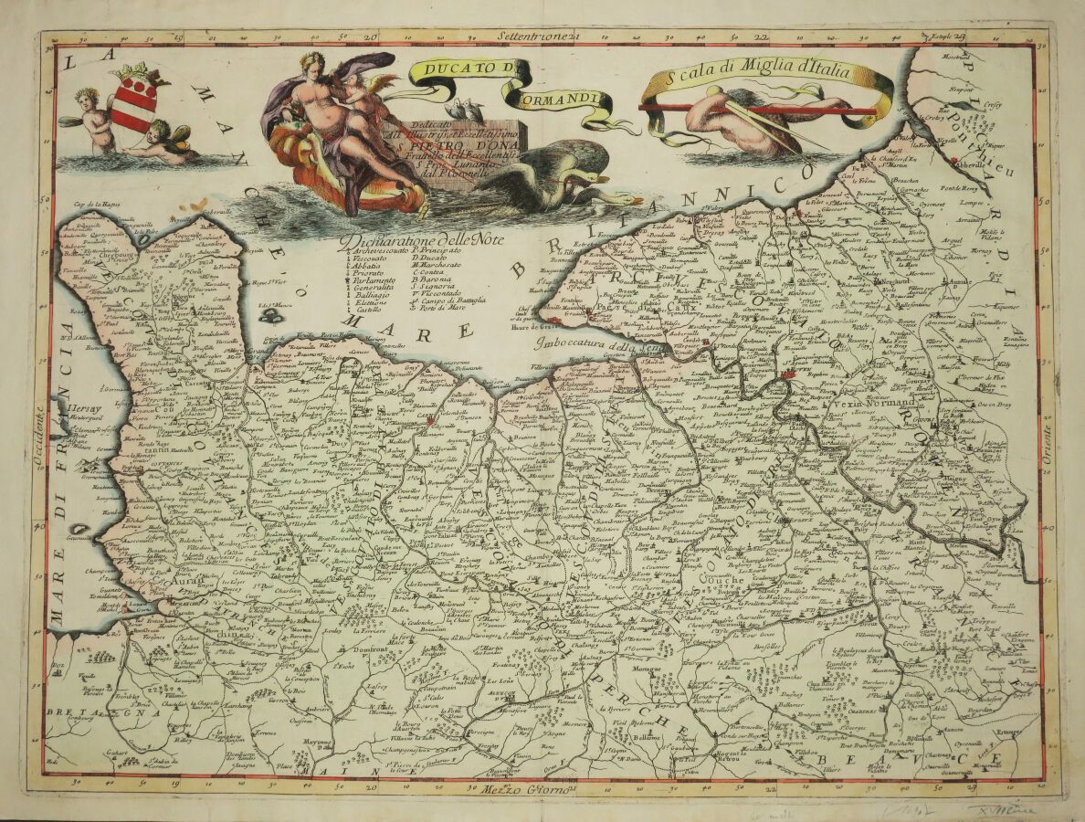 Null 诺曼底地图 - CORONELLI - "Ducato di NORMANDIA"。 约1690年。 雕刻地图，在铺纸上。有色的。发表于威尼斯。边缘。&hellip;