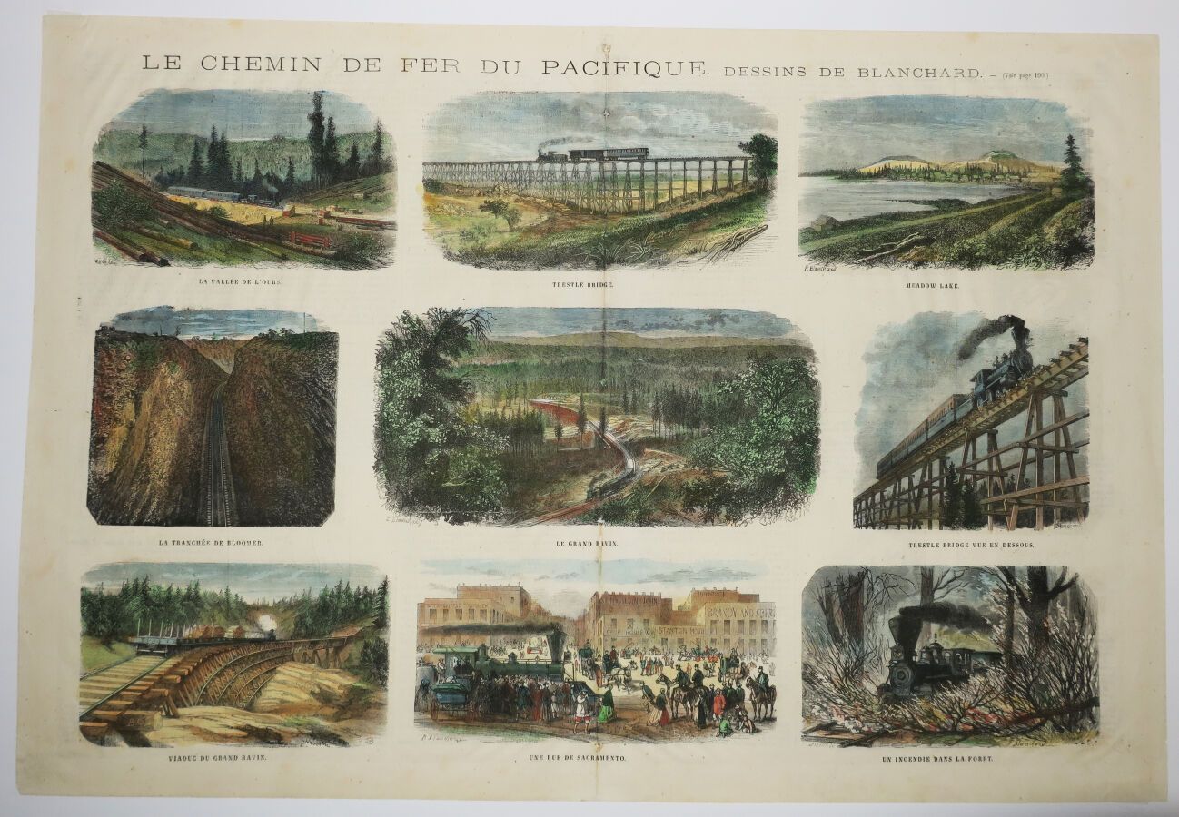 Null AMERICA - "THE PACIFIC RAILROAD". 9 engraved views printed on one sheet: Be&hellip;