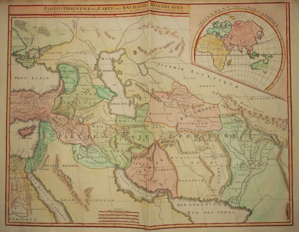 Null 中东和亚洲--"旧君主国地图的东部地区"。18世纪。勒泰利耶刻制的地图。印在铺装纸上。颜色。边缘。一折为二。57 x 82 厘米。状况A（空白处有罕见&hellip;