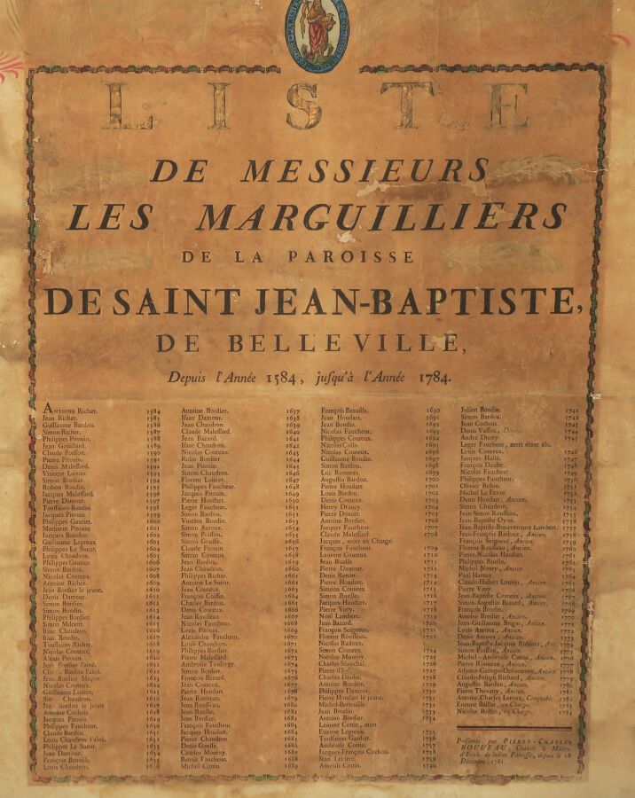 Null 巴黎 - PLACARD - "自1584年至1784年BELLEVILLE的SAINT JEAN-BAPTISTE教区的MARGUILLIERS先生&hellip;