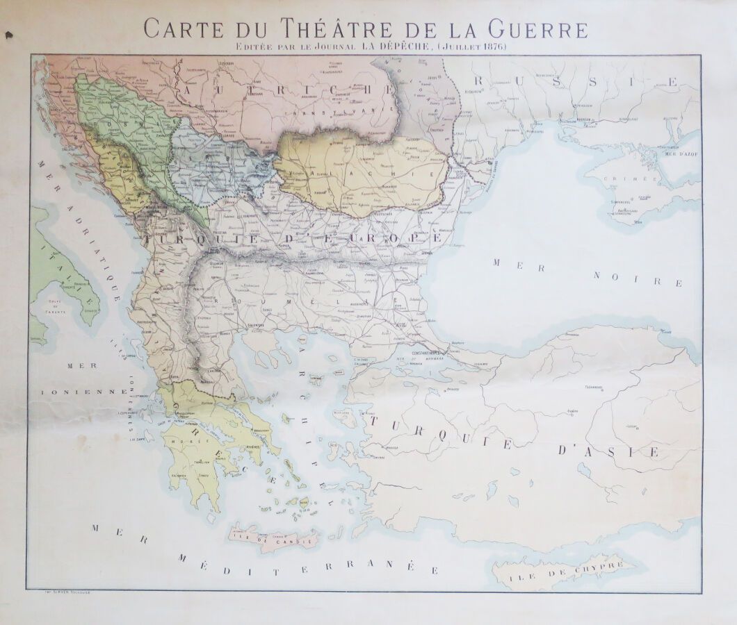Null 土耳其/希腊 - "战争剧场地图"，由《La Dépêche》杂志出版（1876年7月）。彩色石版画，在梭织纸上。由Sirven在图卢兹印刷。边缘。5&hellip;