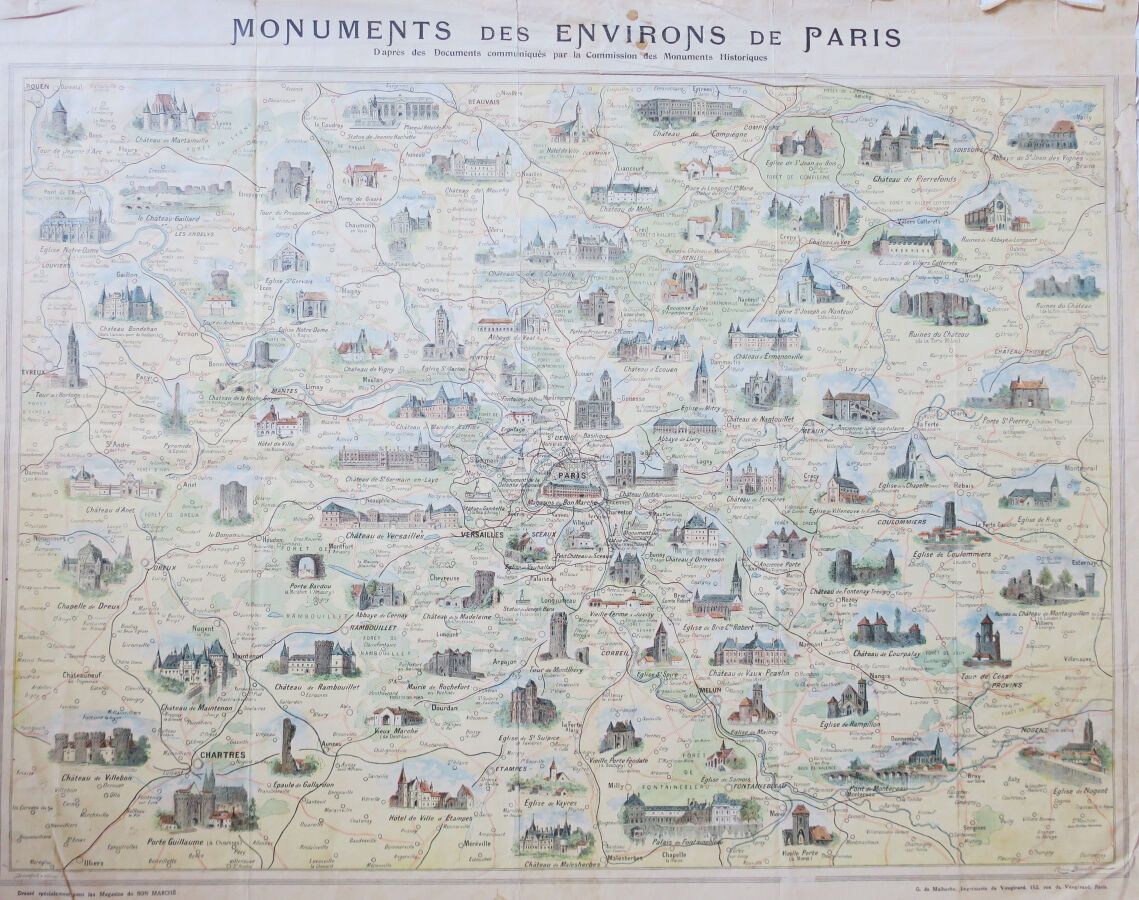 Null 巴黎 - 稀有的 "巴黎环境纪念碑 "地图，根据历史纪念碑委员会提供的文件，由亨利-布莱斯勒绘制。约1900年。特别为Magasins du Bon &hellip;