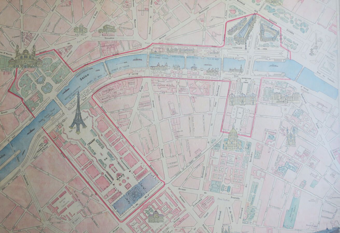 Null 巴黎 - "1900年通用展览计划，专门为巴黎BON MARCHE百货公司的议程而设计"。根据Guibal的图纸雕刻的平面图，彩色的。由Erhard &hellip;