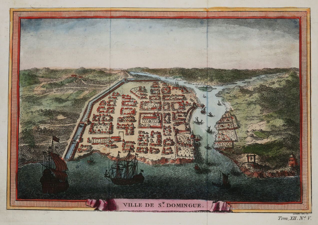 Null 多米尼加共和国--"圣多明戈市 "的景色。18世纪。切德勒刻的。铺板纸上的证明。颜色不错。边缘。状况良好。22,5 x 30,5厘米。状态A（两处原始&hellip;