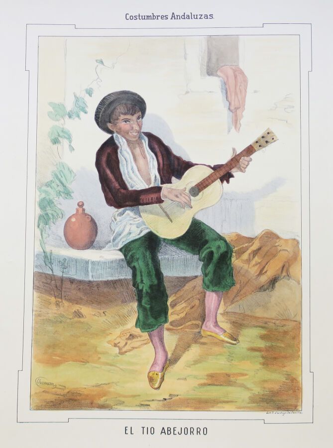 Null 西班牙-安达卢西亚服装-"El tio Abejorro"(Costumbres Andaluzas)，约1852年。安东尼奥-查曼的石版画。板块中右&hellip;