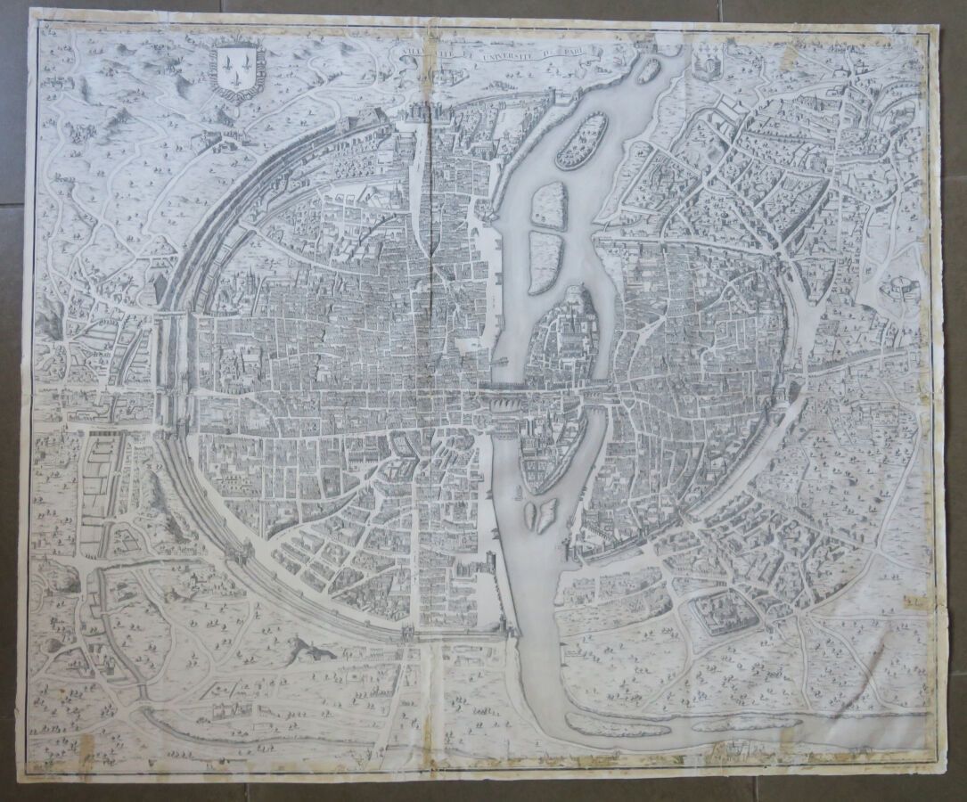 Null 巴黎地图 - "巴黎市、城市和大学"。Guillaume DHEULLAND雕刻的平面图。19世纪印在坚固的编织纸上的证明。铜质边框，68.5 x 8&hellip;