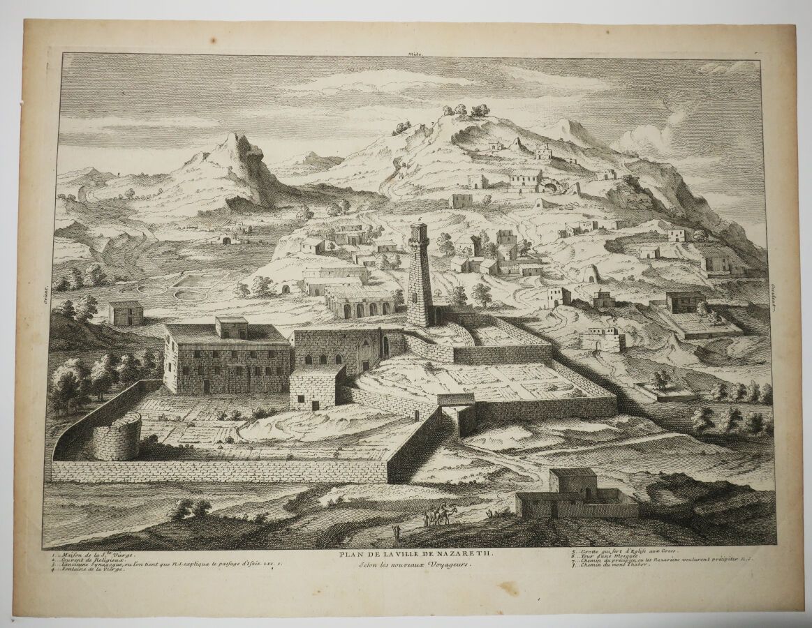 Null 以色列--拿撒勒--"拿撒勒市的规划，根据新的旅行者"，约1730年，蚀刻版画。铺装纸上的漂亮证明。该主题下的交叉引用。边缘。36 x 47厘米。状况&hellip;