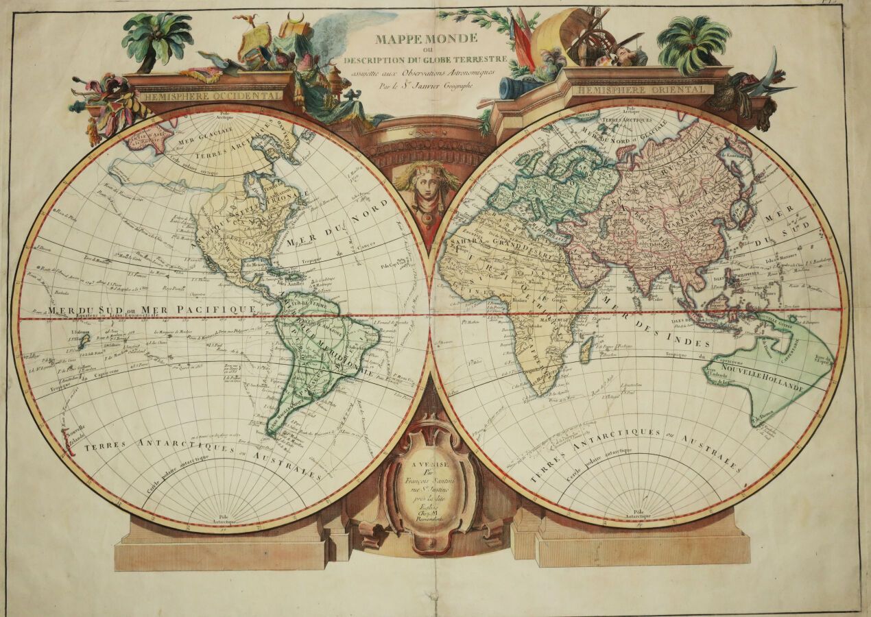 Null 地理学家老詹维尔根据天文观测绘制的《全球陆地地图》或描述。1776-1780.罕见的大型雕刻地图。有色的。铺纸。在威尼斯，由弗朗索瓦-桑提尼，在圣贾斯&hellip;