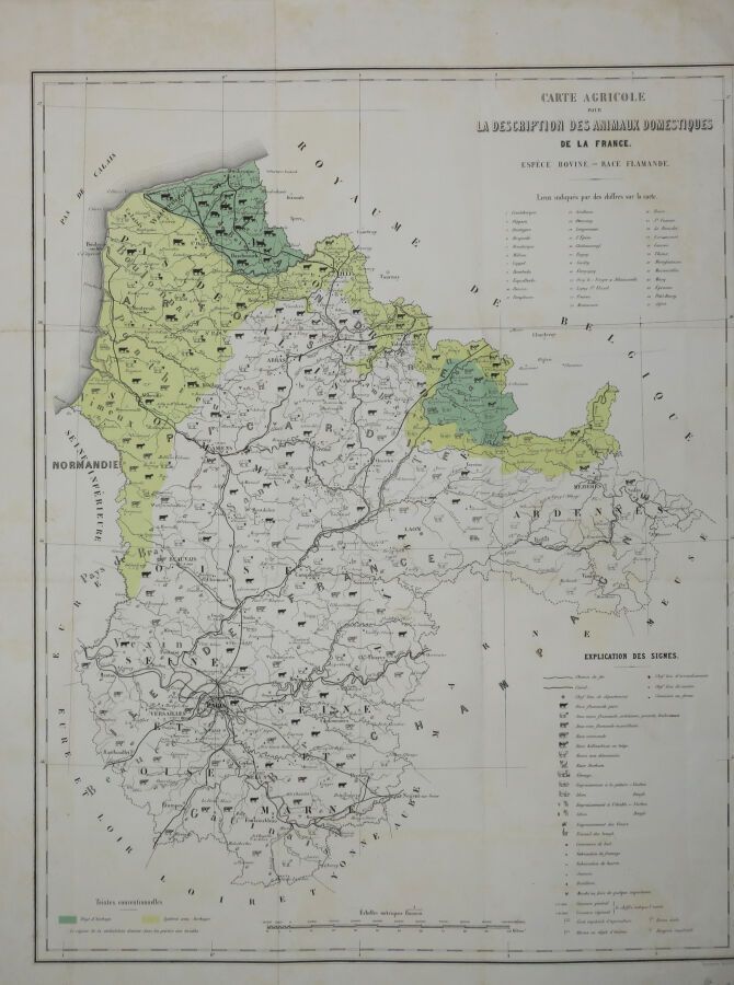 Null "法国家畜描述的农业地图，牛种-弗拉芒人种"。19世纪。彩色印刷的地图。三面留有页边。57 x 44,5 cm。状况A（原折页略有痕迹，有轻微的氧化现&hellip;
