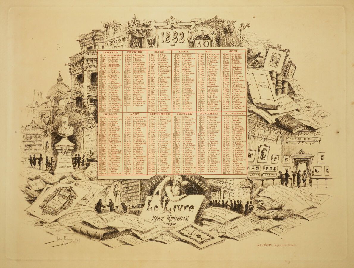 Null Le LIVRE DE 1882年的日历 - 儒勒-阿德林（1845-1909）的蚀刻版画和排版。用黑色和红色印刷，用坚固的编织纸印刷。盘中有签名和日&hellip;