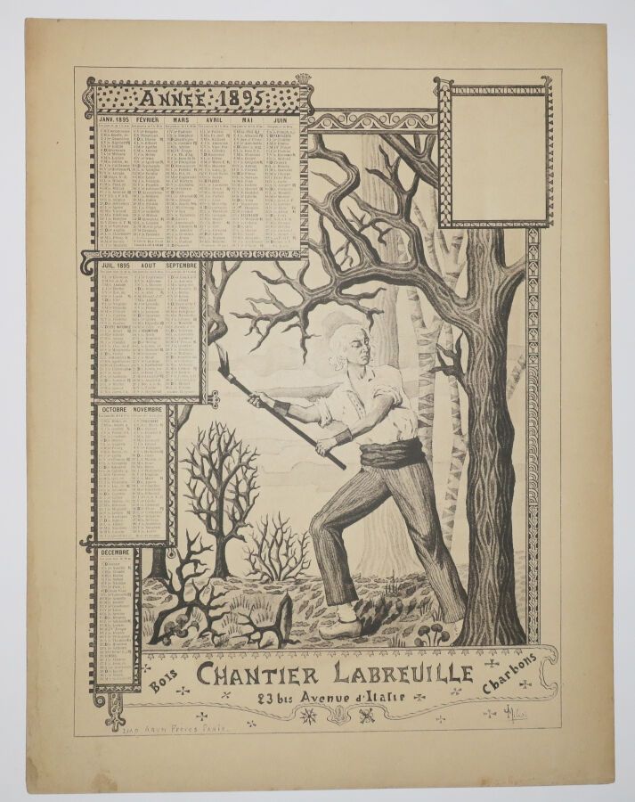 Null CHANTIER LABREUILLE（木材和煤炭）1895年的广告日历。在Milesi之后的摄影版画和排版，在编织纸上。由阿隆兄弟公司在巴黎印刷。边&hellip;