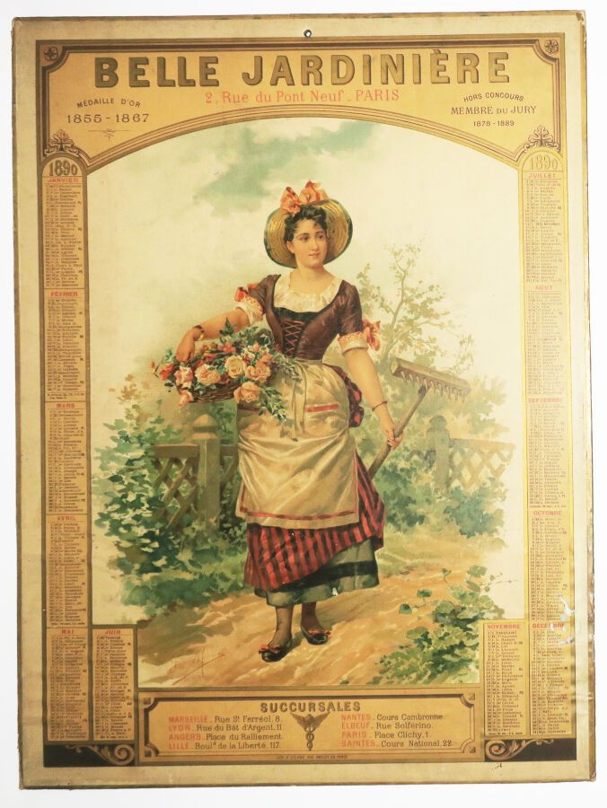 Null 1890年的《BELLE JARDINIERE日历》，由G. Mencia(?)绘制。安装在纸板上的彩色石版画。由H. Sicard在巴黎印刷。不错的&hellip;