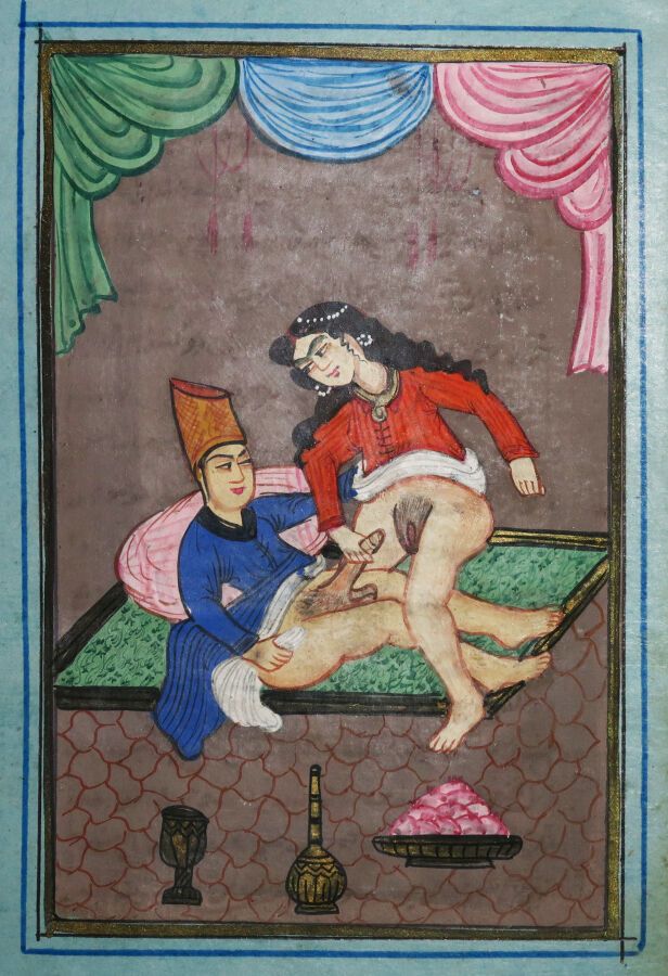 Null EROTICA - INDIAN GOUACHE - [Erotic scene]. 19th century. Gouache on blue pa&hellip;