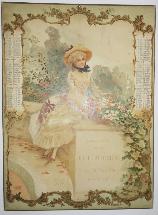 Null 1894年的《BELLE JARDINIERE日历》，由Lucius Rossi（1846 - 1913）绘制（一个优雅的女人放下了她的花篮）。安装在&hellip;