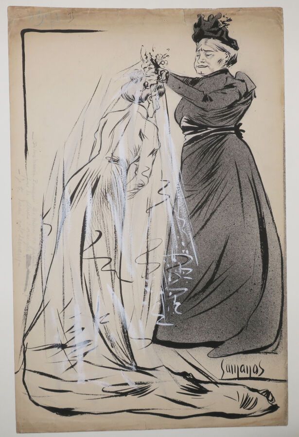 Null 绘画 - 萨马诺斯（活跃于1900年至1926年） - [新娘] - "为什么寡妇不穿橘子花？ /明天我再告诉你"。石版画、水彩和印度墨水。瓦楞纸。5&hellip;