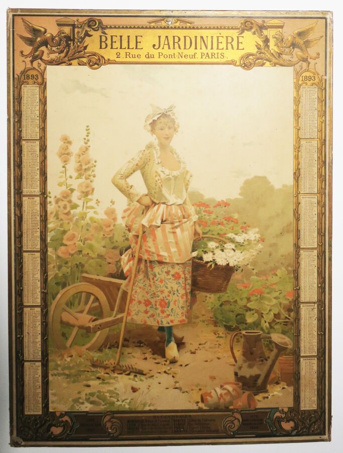 Null 1893年的《BELLE JARDINIERE日历》，由TOUDOUZE绘制（一个牧羊女拿着花篮和耙子）。安装在纸板上的彩色石版画。由H. Sicar&hellip;