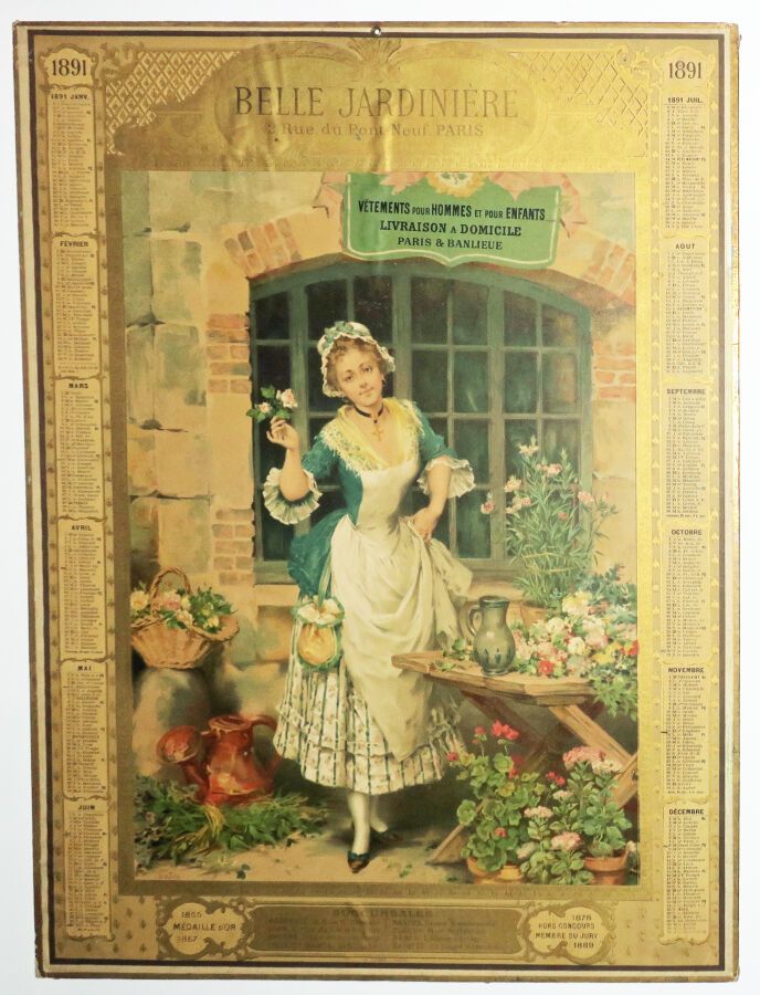 Null 1891年的《BELLE JARDINIERE日历》，由Outin绘制。安装在纸板上的彩色石版画。由H. Sicard在巴黎印刷。不错的广告日历。49&hellip;