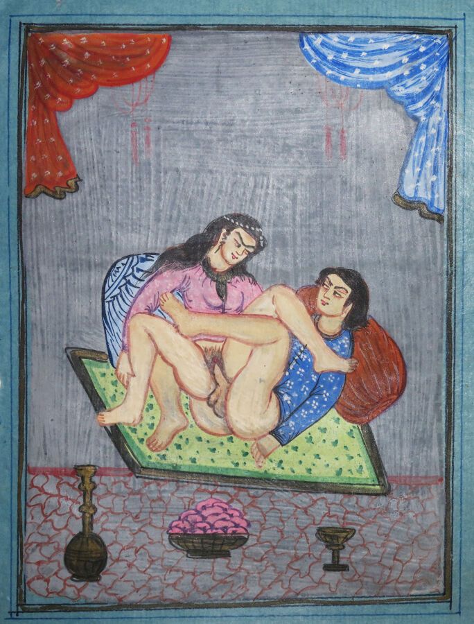 Null EROTICA - INDIAN GOUACHE - [Erotic scene]. 19th century. Gouache on blue pa&hellip;