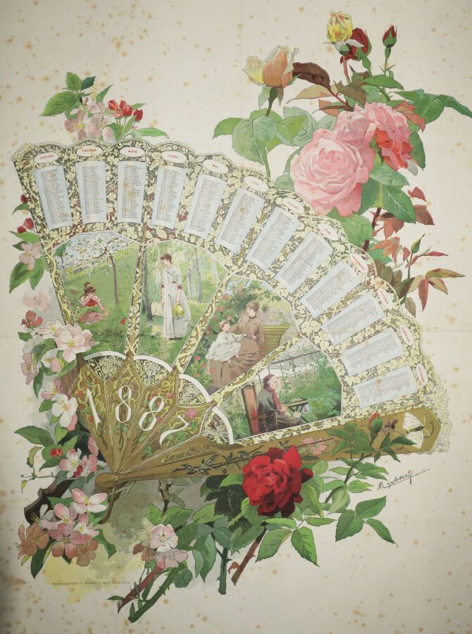Null CALENDRIER DE 1887 - [Evéntail et bouquet de fleurs]. Chromotypographie par&hellip;