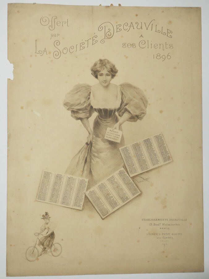 Null DEAUVILLE协会1896年广告日历（VELOCIPEDE）。在卢修斯-罗西之后的插图。在编织纸上印刷。背面有祝愿的排版文字。38,5 x 28,&hellip;