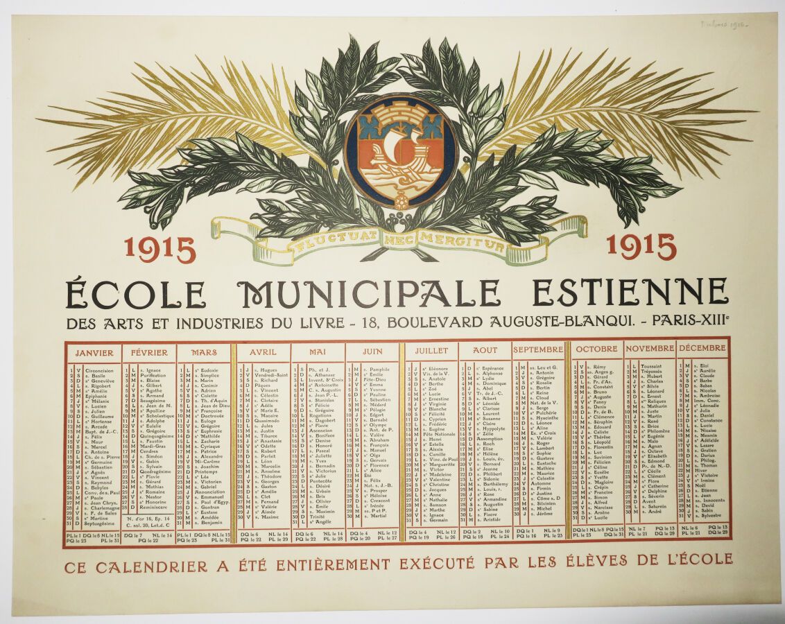 Null CALENDARIO DE 1915 de la ECOLE MUNICIPALE ESTIENNE des Arts et Industries d&hellip;