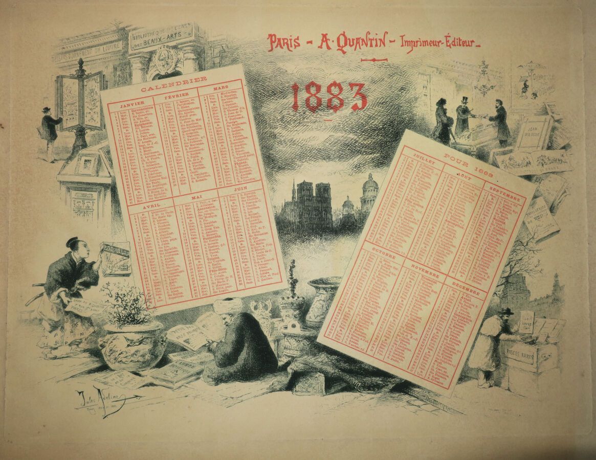 Null 1883年日历 - 儒勒-阿德林（1845-1909）的蚀刻画和排版。以蓝色和红色印制，用坚固的编织纸。盘中有签名和日期。由A. Quantin印刷和&hellip;