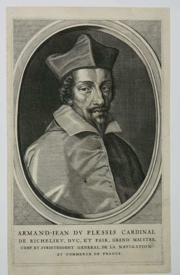 Null 黎塞留肖像 - "阿曼德-让-杜-普莱西红衣主教黎塞留，公爵和一对，大法官[...]"。17世纪。布林由雅克-瓦扬（？）在薄纸上打样。边缘。34.5 &hellip;
